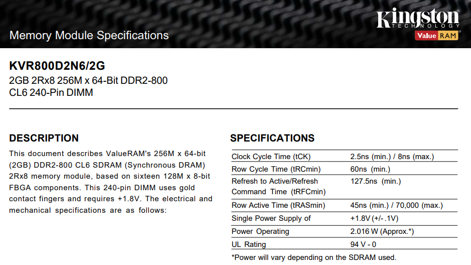 MEMORIA RAM KINGSTON DDR2 2GB 800 MHZ  - PC2-6400 CL6 240-Pin DIMM KVR800D2N6/2G